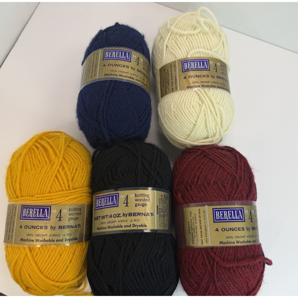 Bernat Berella 4 Knitting Worsted Gauge 100%‎ Orlon Acrylic Lot 5 Gold Natural +